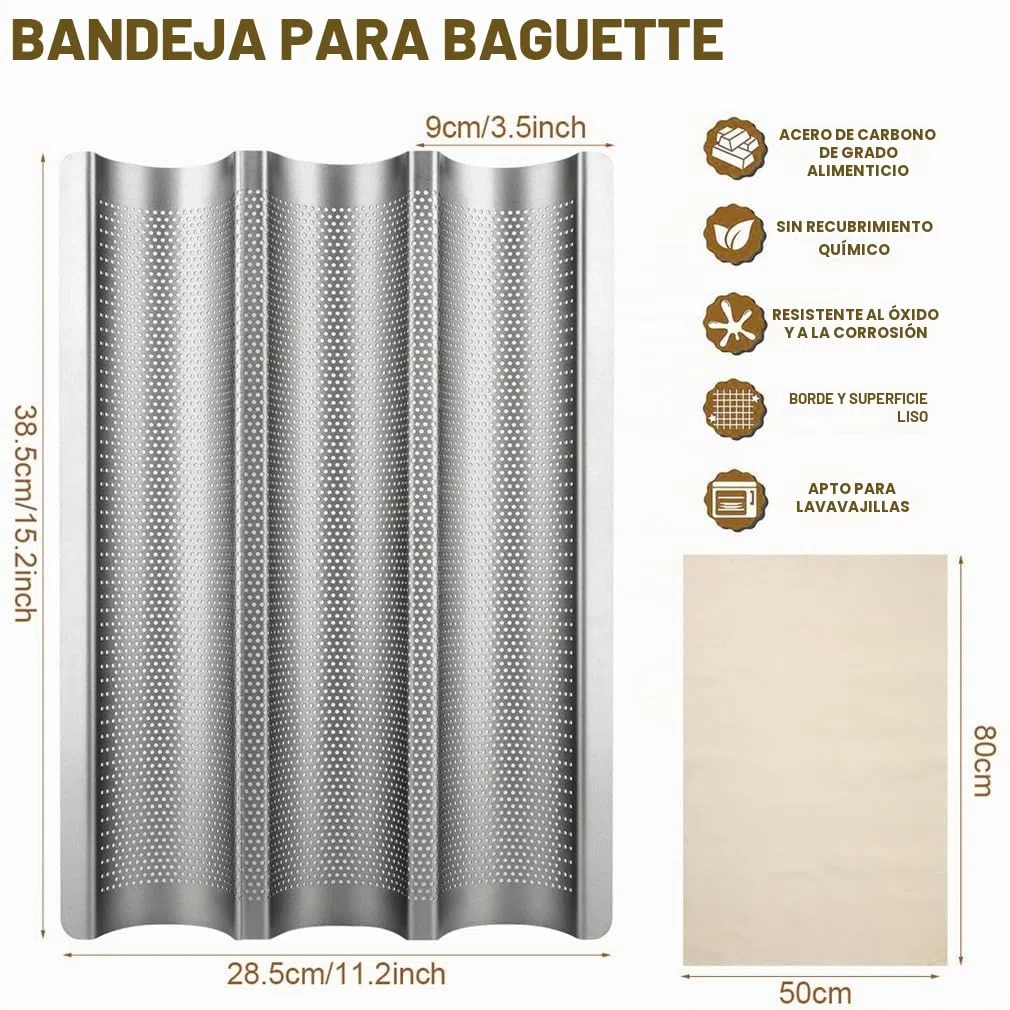 Bandeja para 3 Baguettes, Molde para Pan, Accesorios para Hornear, 38,5 x 28,5 cm