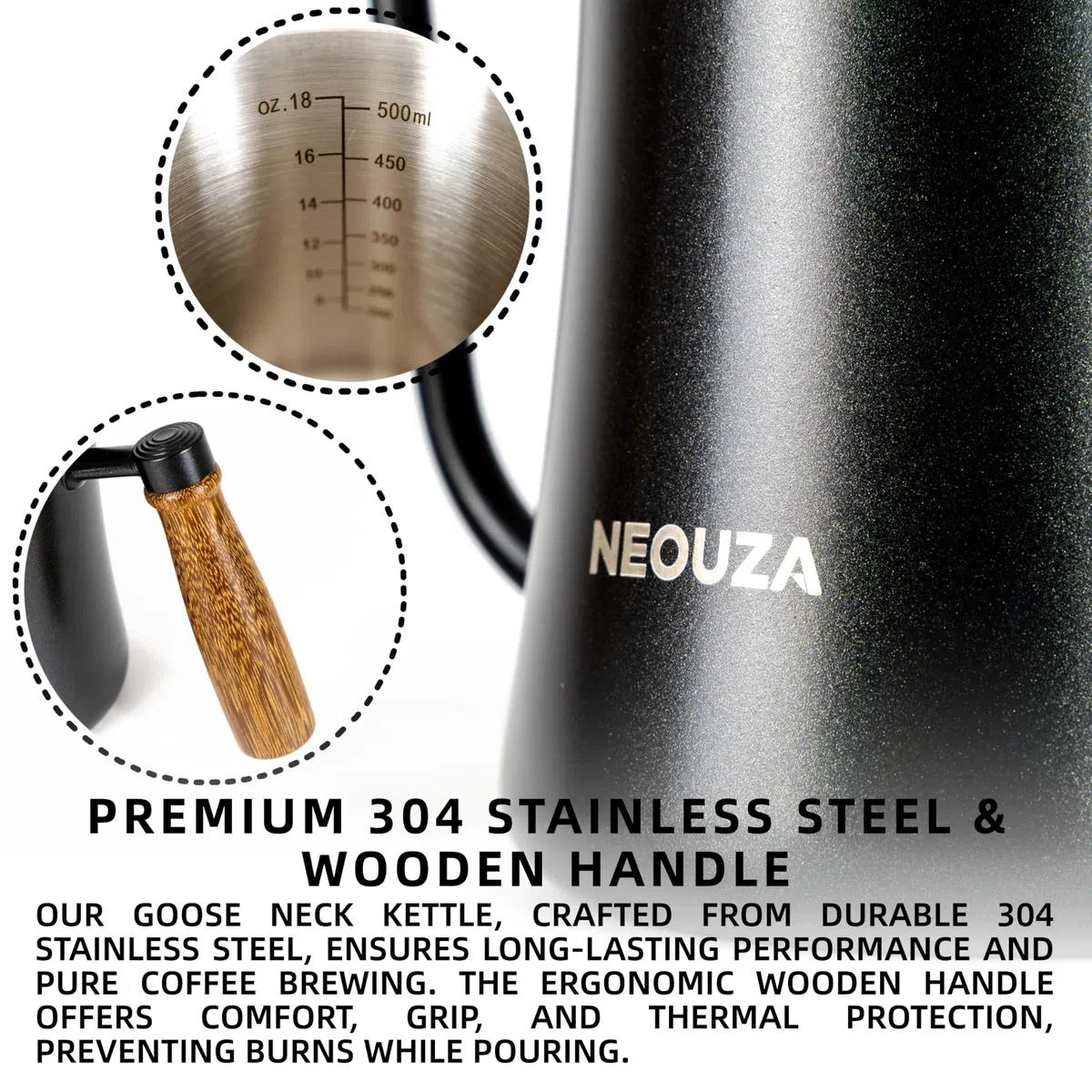 NEOUZA Pour Over Coffee - Hervidor de cuello de ganso, 600 ml, con termómetro de alta precisión, acero inoxidable 304, mango ergonómico de madera, opciones de calefacción versátiles, fácil de limpiar