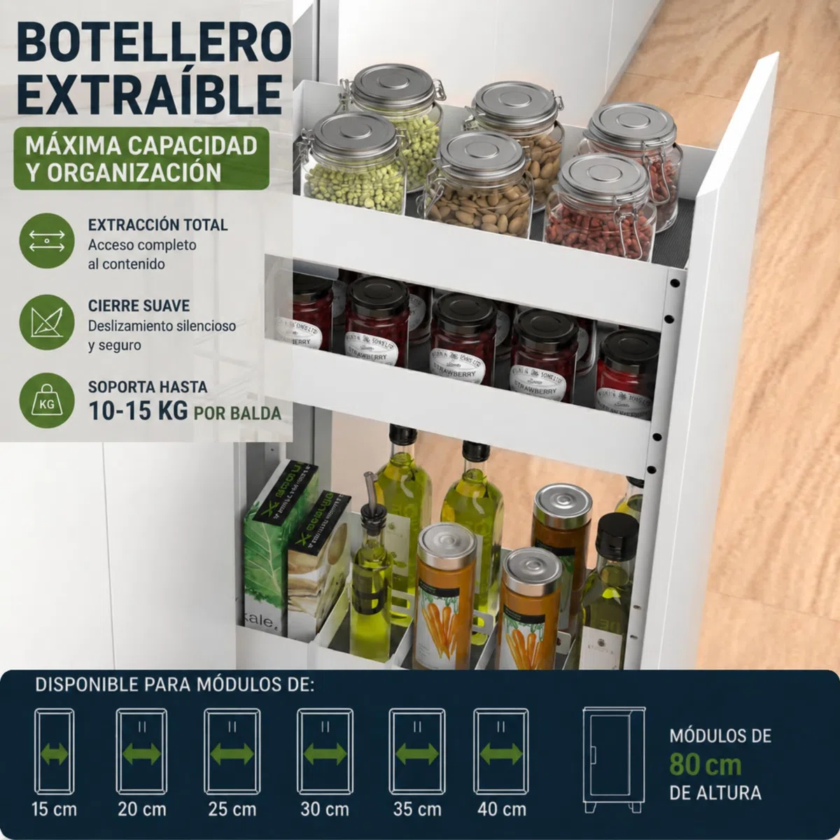 Botellero extraíble Cocina Grafito o Blanco con Cierre Suave | Organizador Deslizante para Mueble de Cocina de Altura 80 cm y Ancho de 15 a 40 cm (Blanco, Ancho Mueble 25 cm)