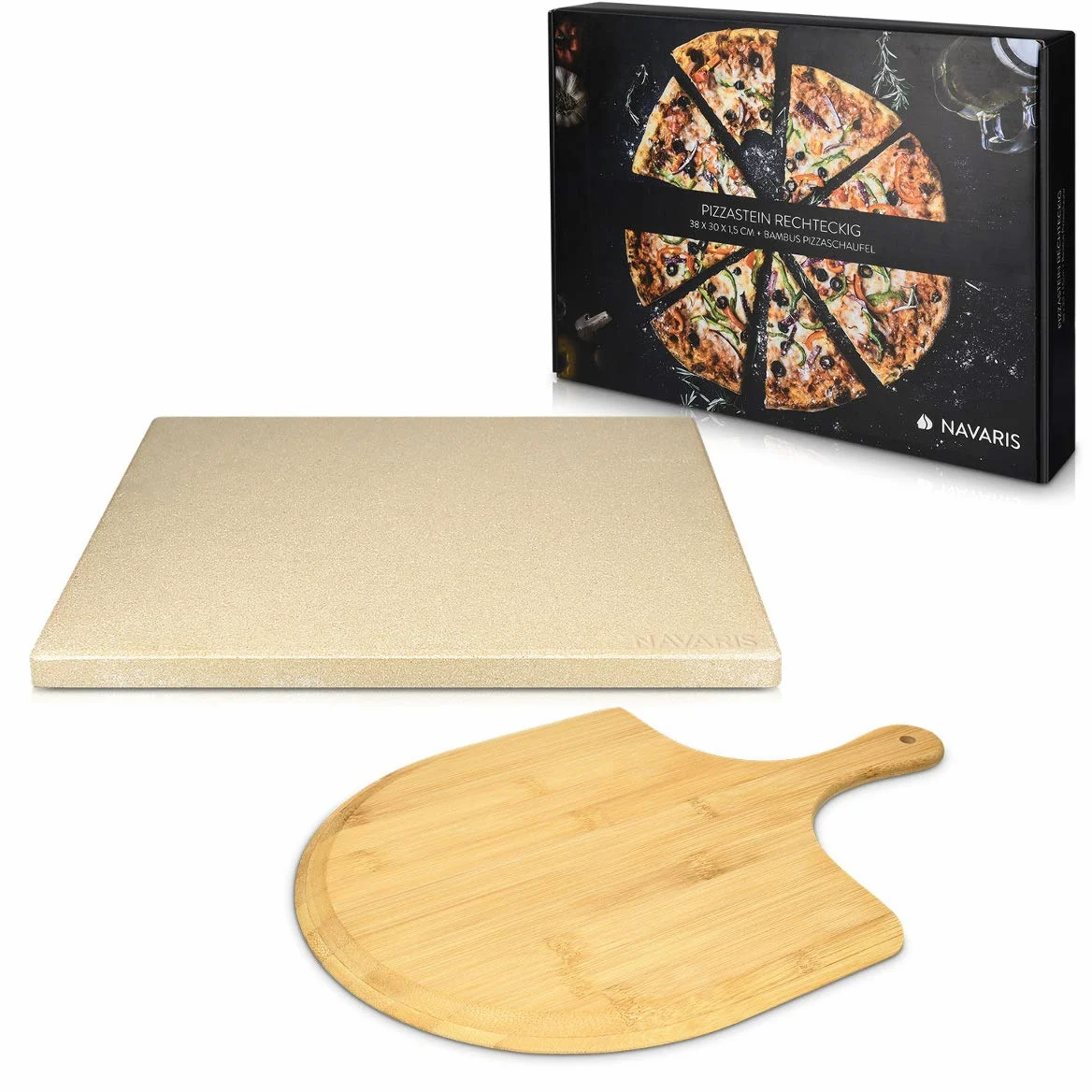 Navaris Set de piedra y pala para pizza - Piedra para horno de cordierita y pala de bambú - Bandeja para parrilla barbacoa y grill de 38 x 30 CM