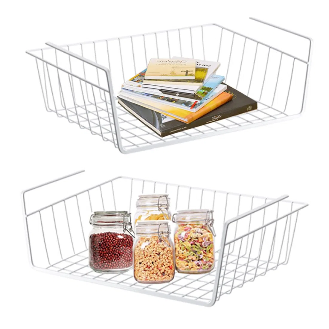 Cesta de almacenamiento para colgar debajo del estante, organizador de alambre de metal extraíble para cocina, armarios, estantes, gabinete, oficina (paquete de 2 unidades), color blanco