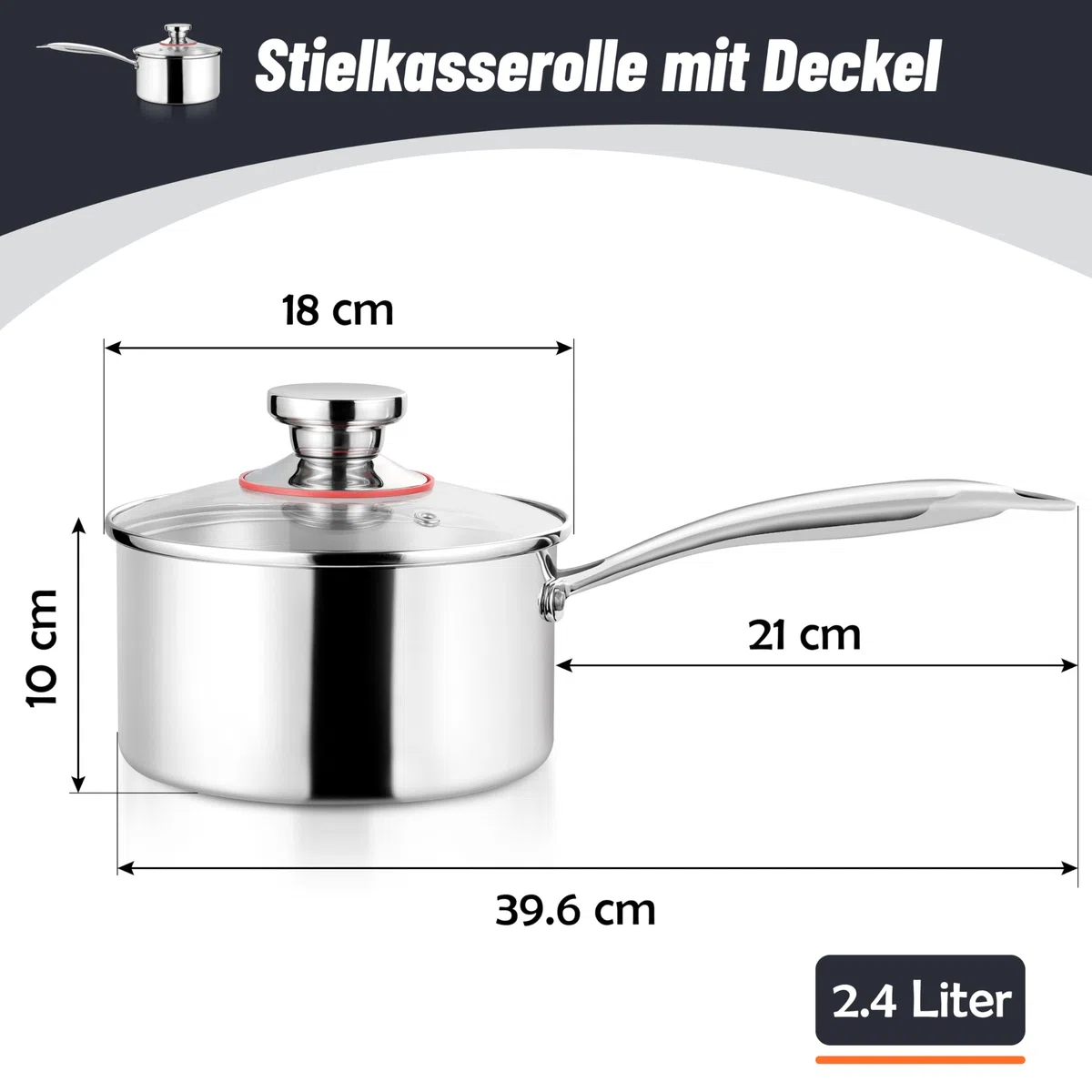 Herogo Stainless Steel Milk Pan (Size 3) - Cazo con mango (18 cm, acero inoxidable con tapa visible, olla con mango largo, resistente al calor y robusto)