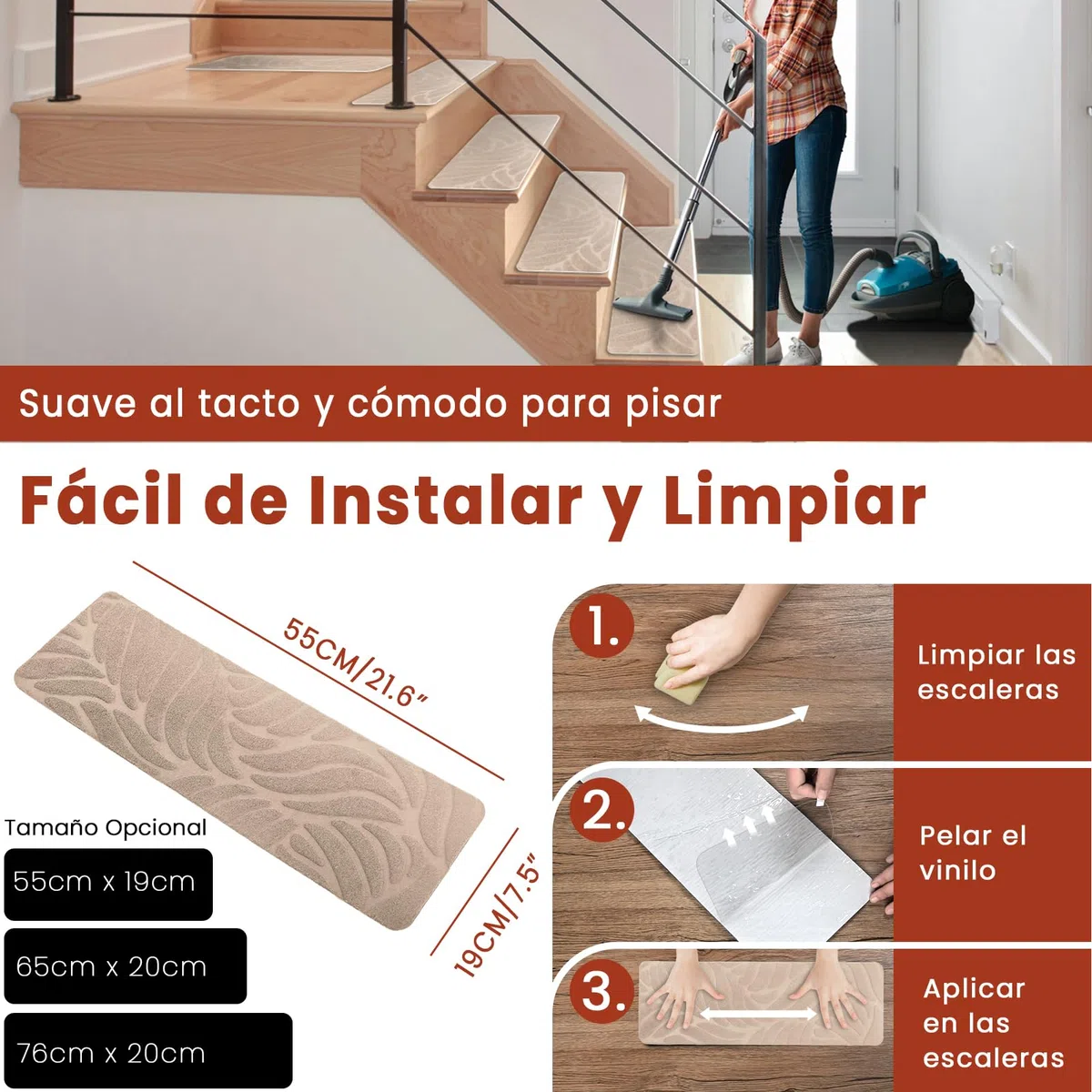 Alfombrillas para Escaleras Antideslizantes, 15 Alfombrillas Autoadhesivas Escalones Interiores, Recortables y Reutilizables - Protección para Mascotas, Mayores, Niños (Beige, 55x19 cm)