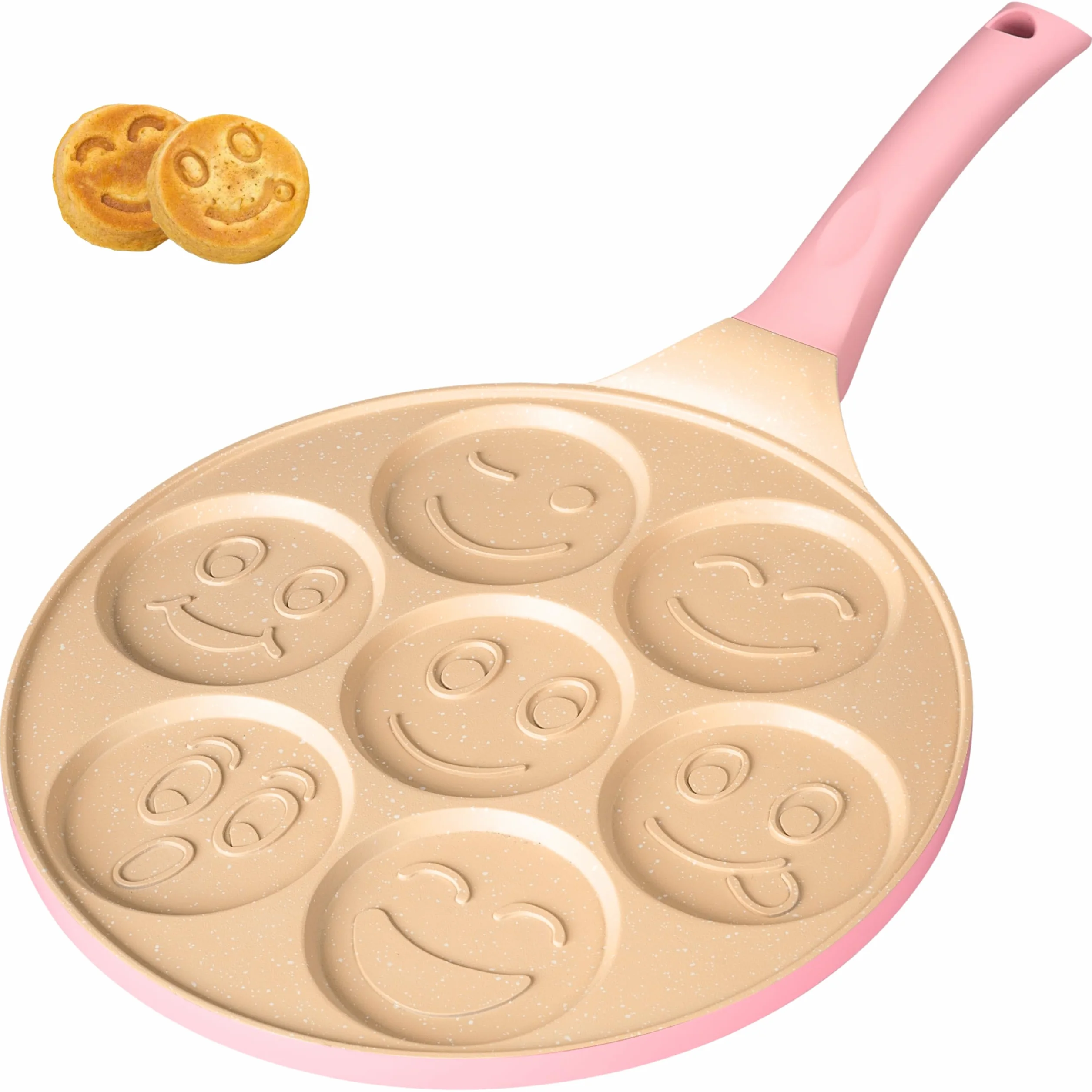Erreke Sartén Antiadherente para Tortitas, Diseño Caritas, Inducción | Frigideira Panquecas. Doble Capa. Mango Tacto Suave. 7 Tortitas o Crepes. Para Toda la Familia. Desayunos Divertidos