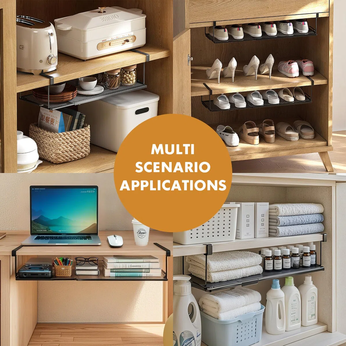 Cesta colgante extensible de metal, estante inferior, cesta de almacenamiento, cesta colgante para estantería, sin agujeros, para cocina, armario, oficina y despensa (negro, estándar)
