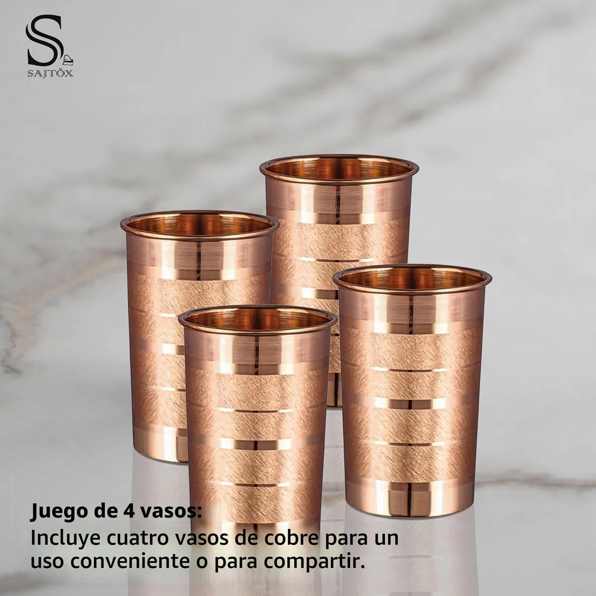 Vaso de vidrio de cobre puro para beber agua, juego de vasos de cobre para beneficios de salud ayurvédicos – 312 ml (11 oz) cada uno (JUEGO DE 4)