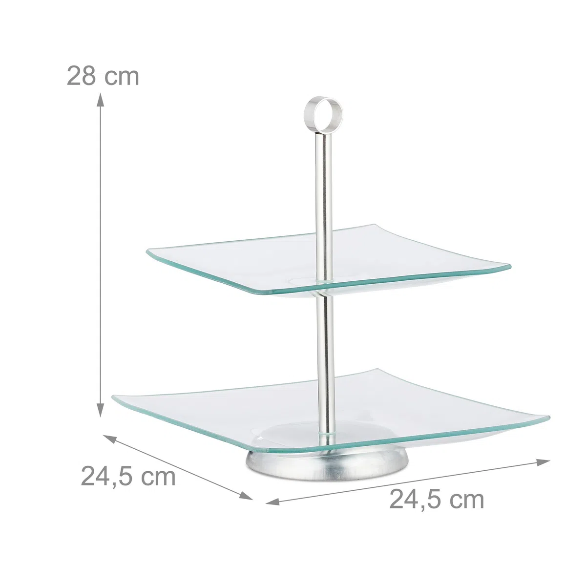 Relaxdays Soporte para Tartas, Cupcakes y Fruta de 2 Pisos, Cristal-acero, Plateado-transparente, 28 x 24,5 x 24,5 cm