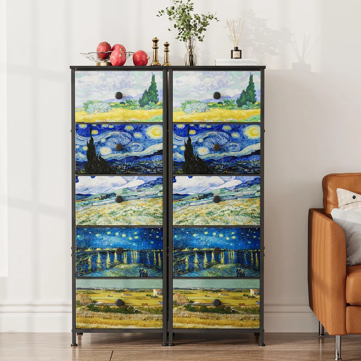 Cómoda con cajones de tela, estilo Van-Gogh, armario estrecho para tocador, armario de almacenamiento para dormitorio, armario industrial, pasillo, salón, habitación infantil (5 cajones)