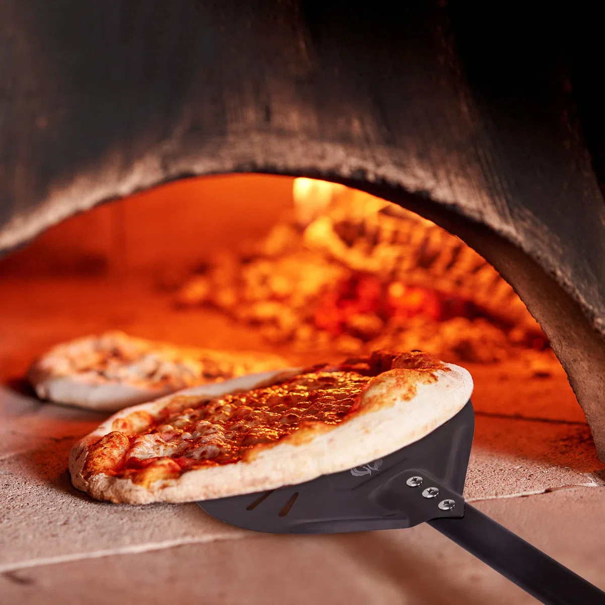 Pala giratoria de pizza de 9 pulgadas, cepillo perforado para pizza y cepillo para pizza, rastrillo de ceniza, juego de utensilios de horno de pizza comercial de leña con mango de