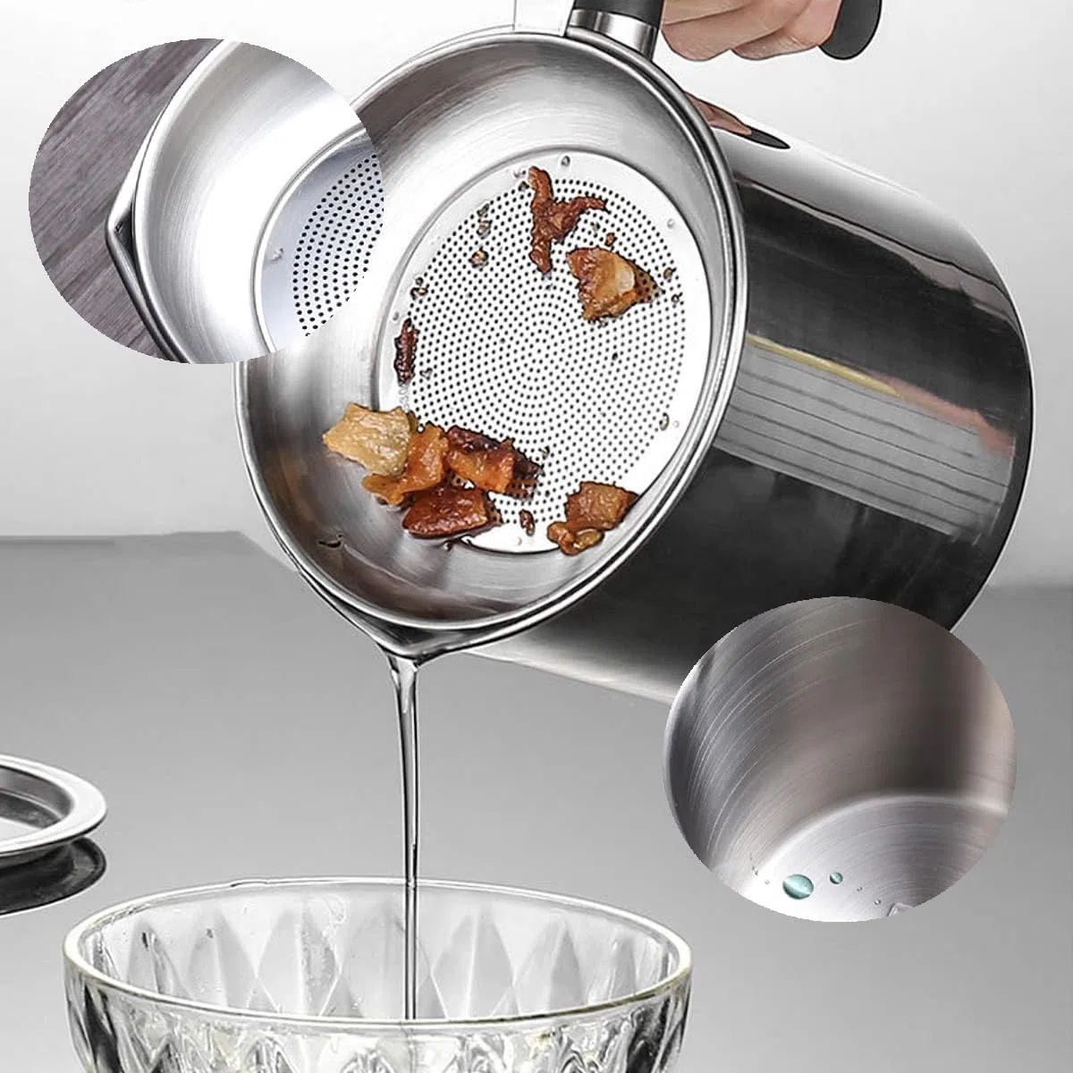 LATRAT Recipiente para grasa de tocino con colador, olla de grasa con mango ligero, depósito de acero inoxidable a prueba de polvo para almacenar aceite de fritura y grasa comestible, mango negro