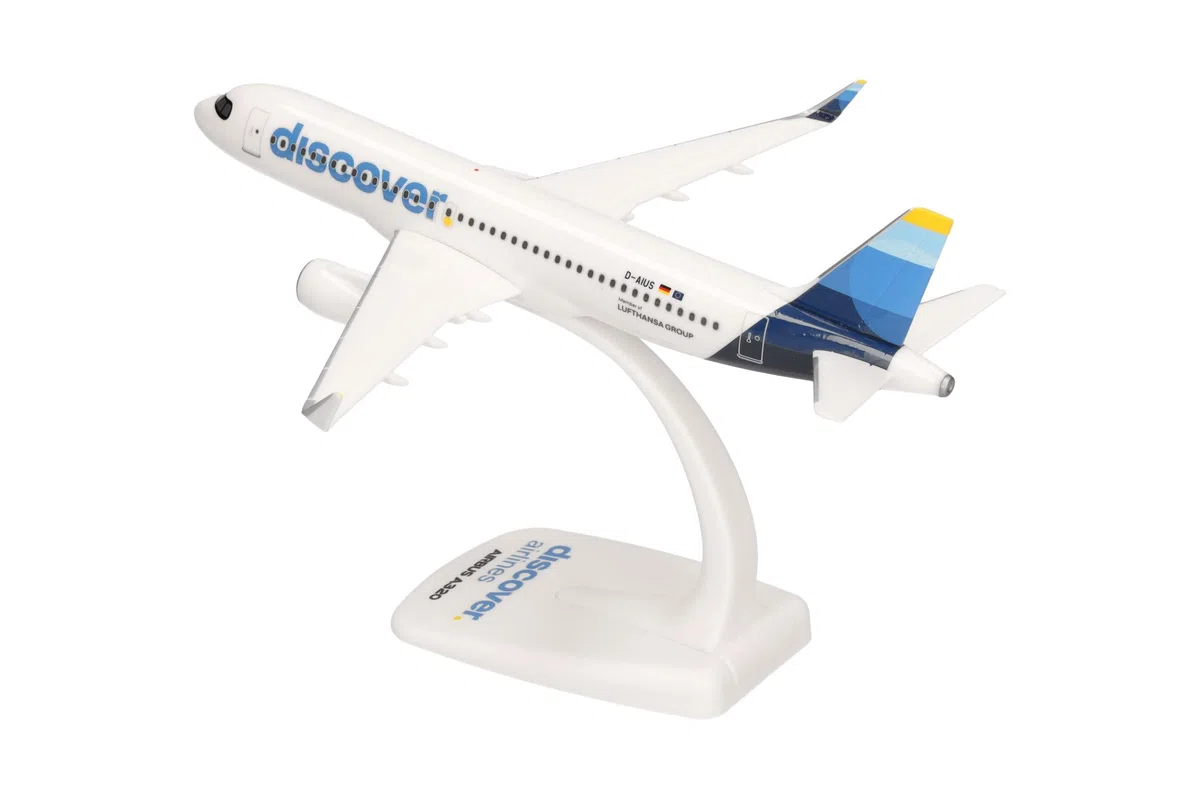 herpa Miniatura del avión Discover Airlines Airbus A320 - Snap-Fit, Escala 1/200, Modelo prefabricado, maqueta de colleción, modelismo, Avion con Soporte, Figura plástico