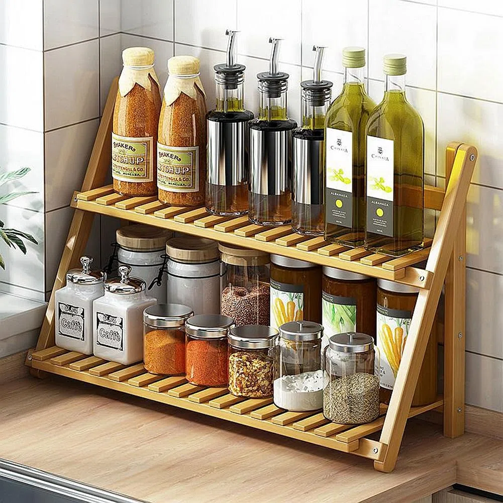 Estantería de almacenamiento de cocina, encimera para el hogar, estante para especias, 2 niveles, estante multifuncional para especias, simple y moderno, estantería para flores de madera