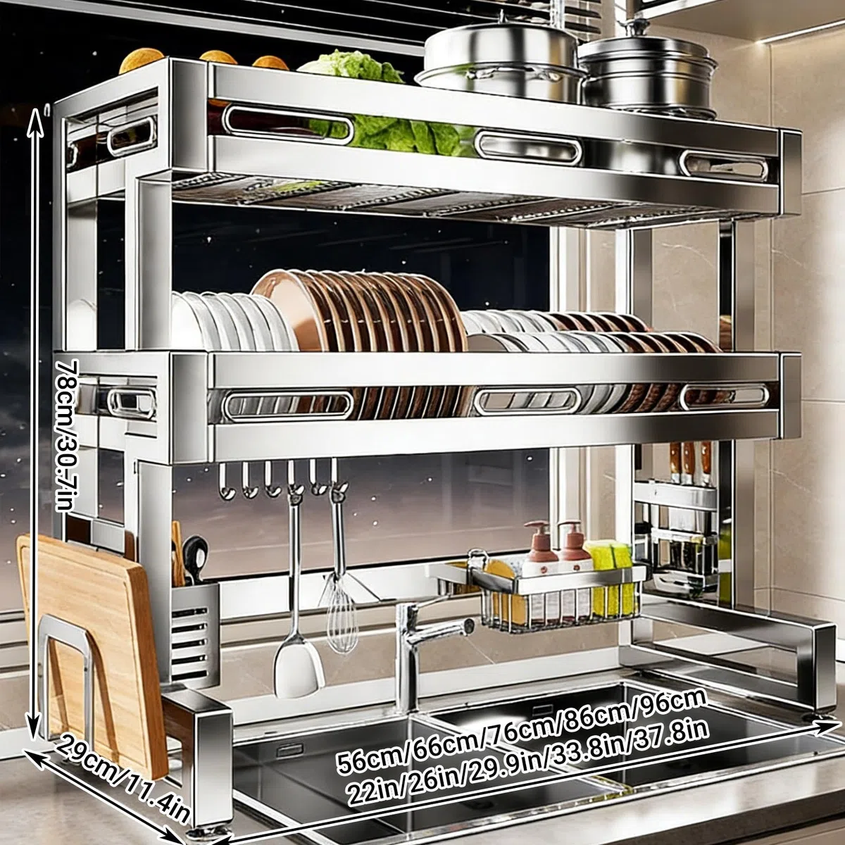 Escurridor de platos, organizador de almacenamiento de acero inoxidable para fregadero, estante de encimera de cocina que ahorra espacio para platos, vasos, cubiertos, 96 cm