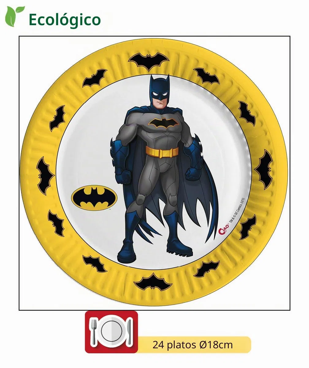 Ciao - Kit Vajilla de Fiesta Batman para 24 personas (112 pcs: 24 platos Ø23cm, 24 platos Ø18cm, 24 vasos 250ml, 40 servilletas 33x33cm) de papel compostable eco-friendly