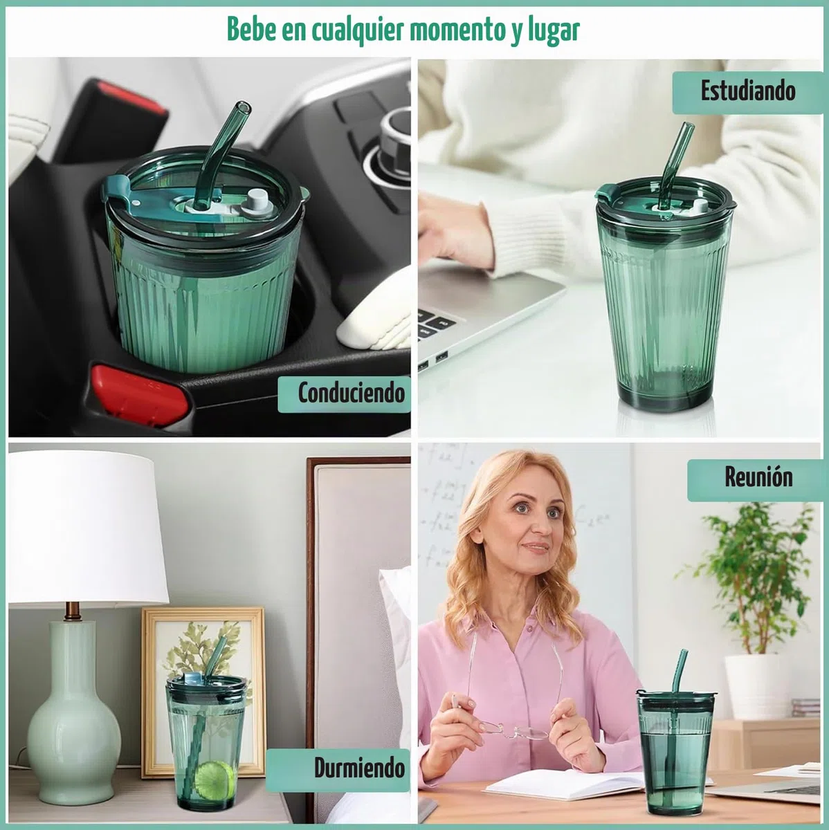 Joeyan 450ml Vaso de Vidrio con Tapa y Pajitas, Juego de 2 Taza de Agua Helada Sellado a Prueba de Fugas, Rayas de Cristal Verde, Taza de Viaje pare Café,Whisky,Batidos,Jugo, Apto para Lavavajillas