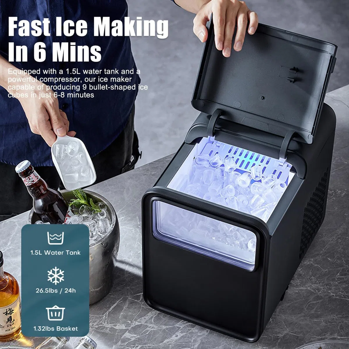 1.5máquina Fabricadora De Hielo De Encimera para El Hogar, 2 Tamaños De Fabricadora De Hielo De Bala con Pala para Hielo Y Almohadilla Antideslizante, 2 Tamaños De Hielo, Listo En 6 Minutos