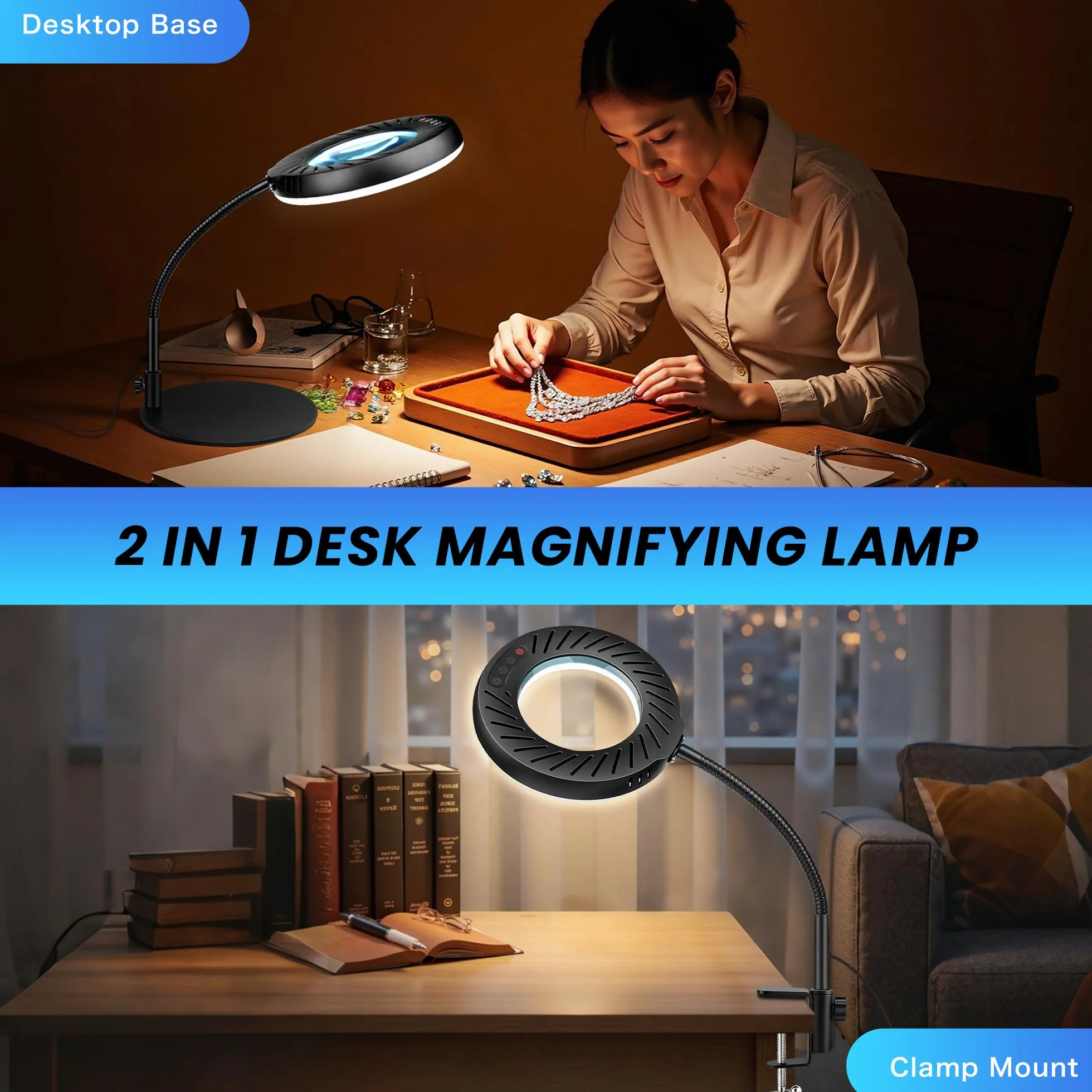 12X Lupa con Luz y Soporte & Mordaza, Adaptador 2A incluido, 5 Modos de Color 9 Brillo, Lupa de Trabajo con 144 LED para Trabajos de Precision Modelismo Pintura de Miniaturas Lectura Coser, Negro