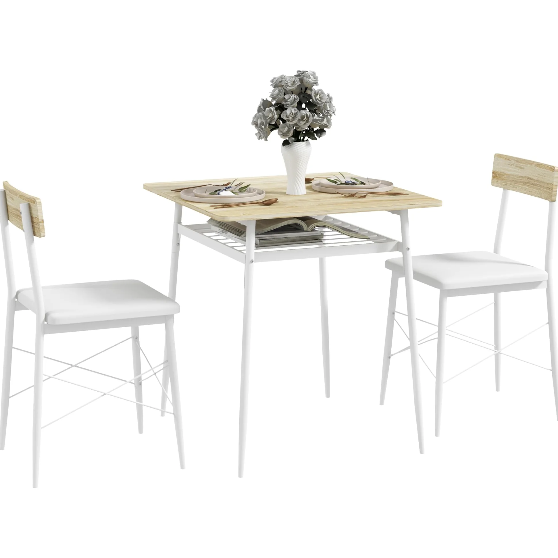 HOMCOM Conjunto de Mesa y Sillas de Comedor de 3 Piezas Mesa con Dos Sillas | sin Brazos, Estante Abierto, Estructura de Acero, Blanco y Roble