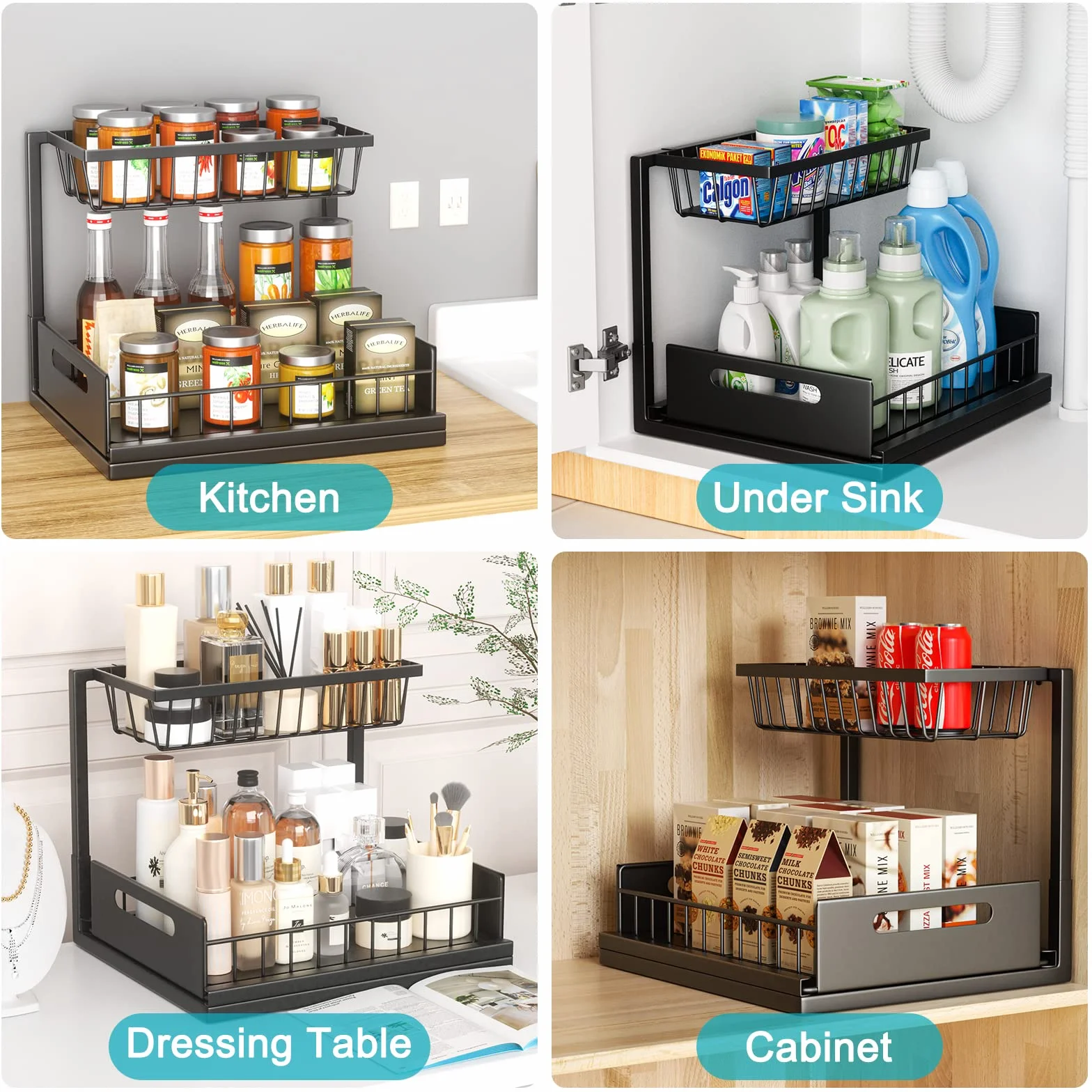 Cocolemon Organizador Bajo Fregadero Cocina, Metal 2 Niveles Organizador Extraíble Estante Almacenamiento Debajo Fregadero Forma de L, Negro