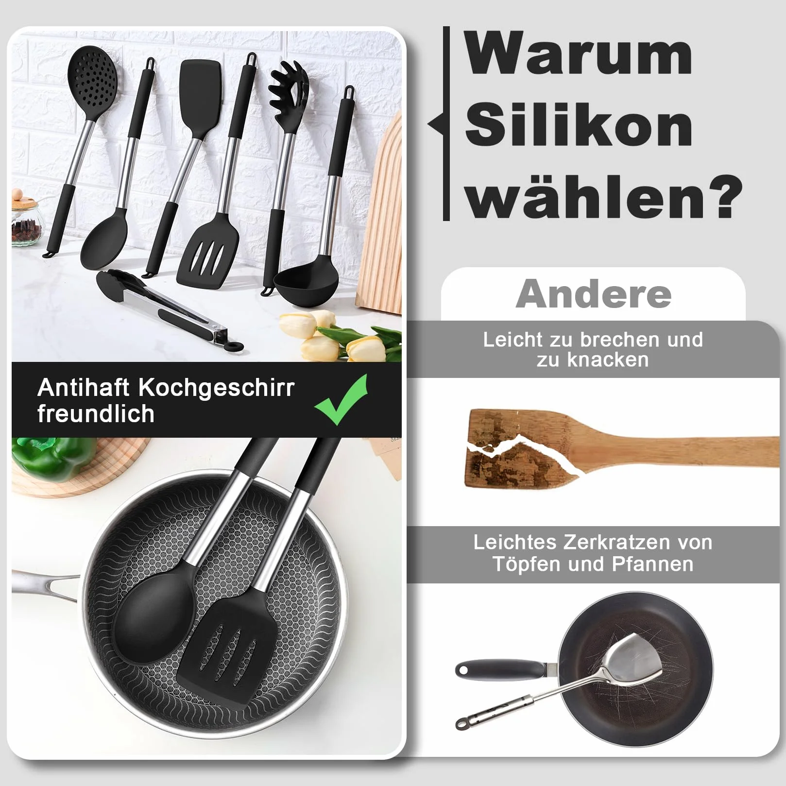 Onader Juego de utensilios de cocina, 7 unidades, de silicona, con mango de acero inoxidable, antiadherente, seguro para utensilios de cocina, resistentes al calor y aptos para lavavajillas, color