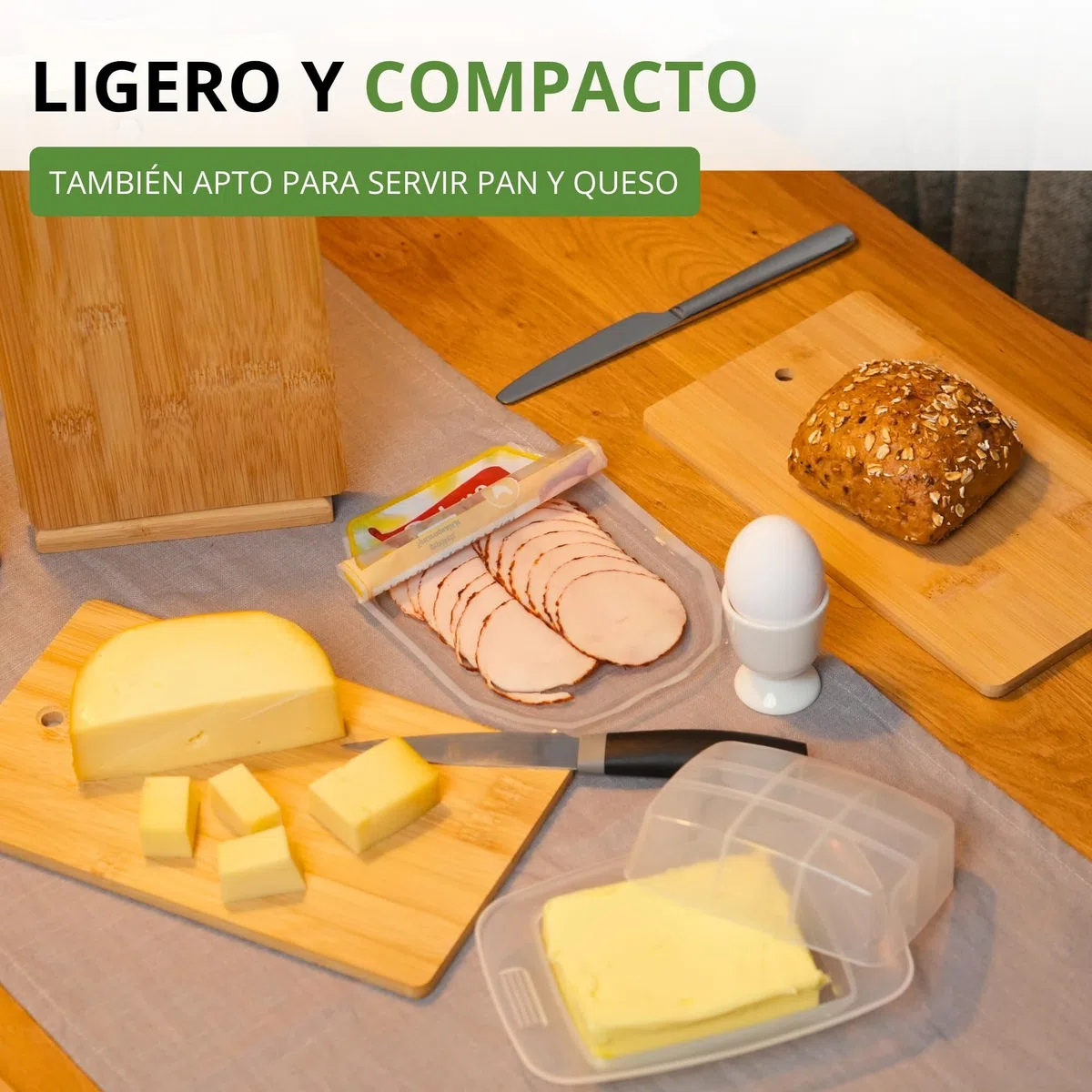Westmark Tablas de desayuno – 6 tablas de pan incl. soporte, tablas para el desayuno y la cena, también ideales como tablas de cortar o platos para servir – bambú, 7 uds.