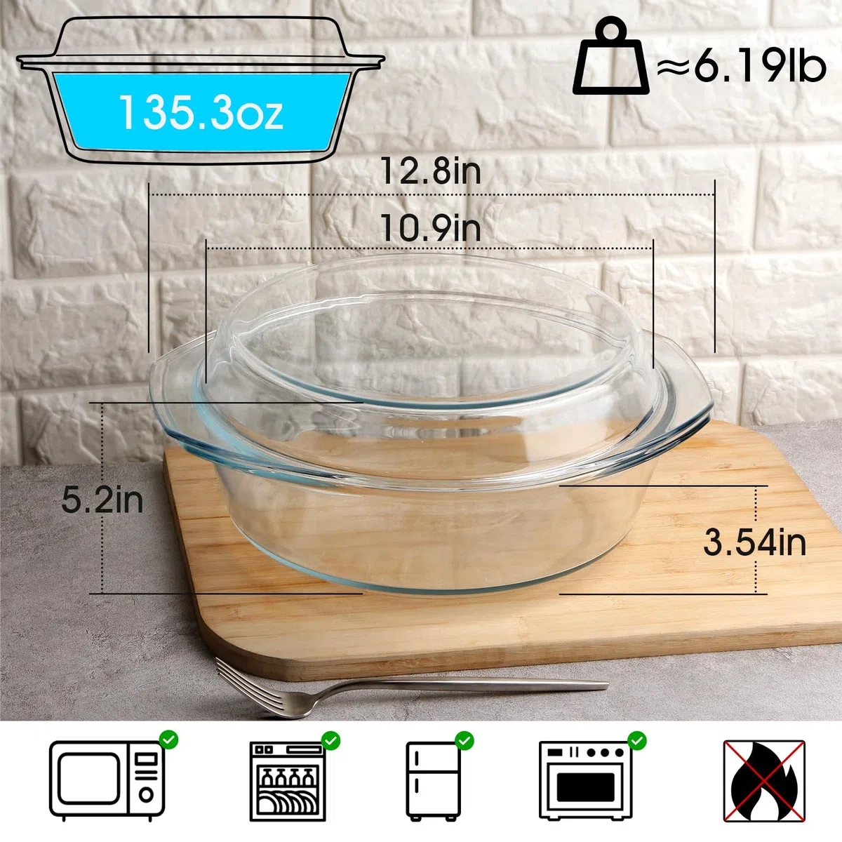 NUTRIUPS 4L Fuente Horno Cristal, 32,5x27,7x13,2cm Vidrio Cazuela Horno con Tapa, Redondas Bandeja Horno Cristal, Apto para Microondas y Horno