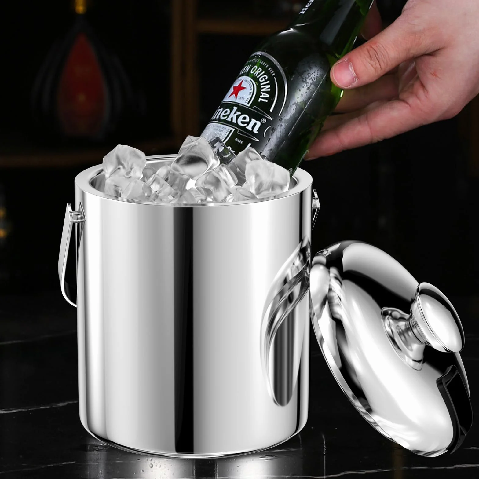 1.3 L Cubiteras Acero Inoxidable, Cubitera Hielo con Tapa, Pinzas y Colador, Cubo de Hielo Aislado, Contenedor de Cubitos de Hielo, Ice Bucket, para Bar, Cumpleaños, Fiestas de Picnics
