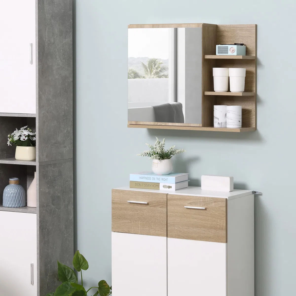 kleankin Armario de Baño con Espejo 3 Estantes Moderno 60x18x50 cm Natural | Armario con Espejo para Baño, Estantes Abiertos, 1 Estante Interior