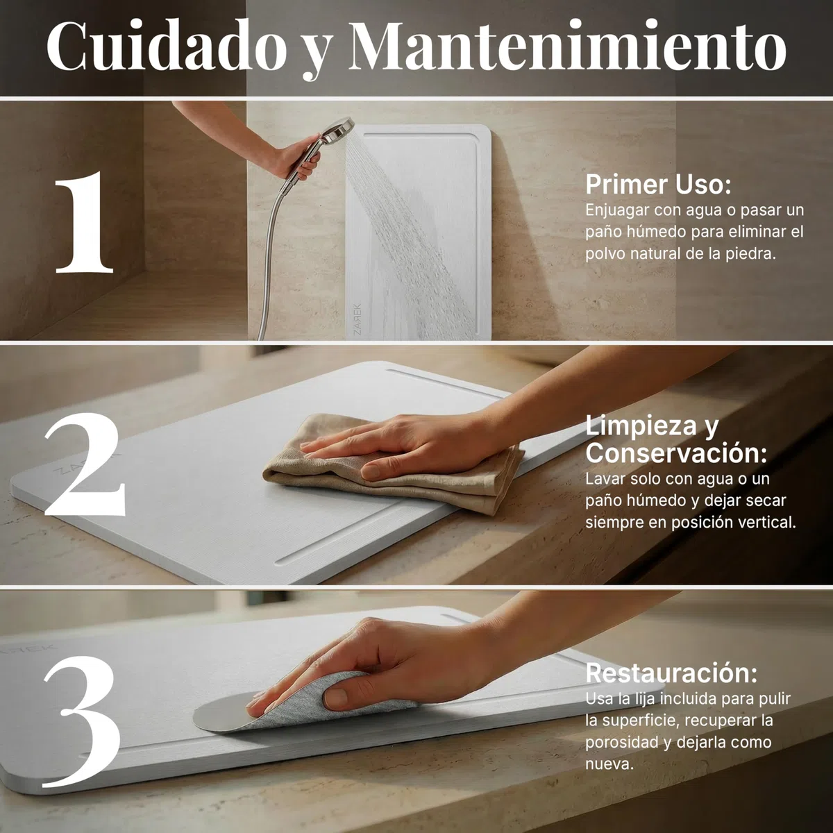 ZAREK Alfombra Diatomita Baño Antideslizante – Alfombrilla Baño Secado Rápido y Ultra Absorbente - Piedra Diatomita Baño Antibacteriana - Ideal para Ducha, Bañera y Cocina - 60x39 cm