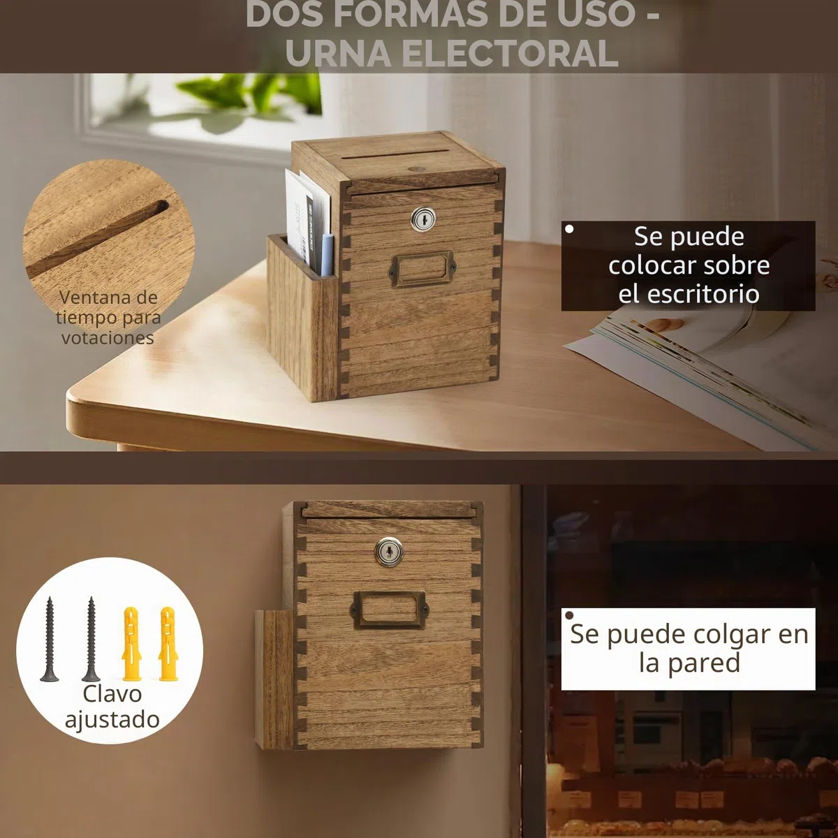 KIRIGEN Caja de presentación de Madera para donaciones y elección, para Montar en la Pared, Caja de colección de comentarios con Cerradura y 2 Llaves para Escuela, Oficina, Hospital marrón Oscuro