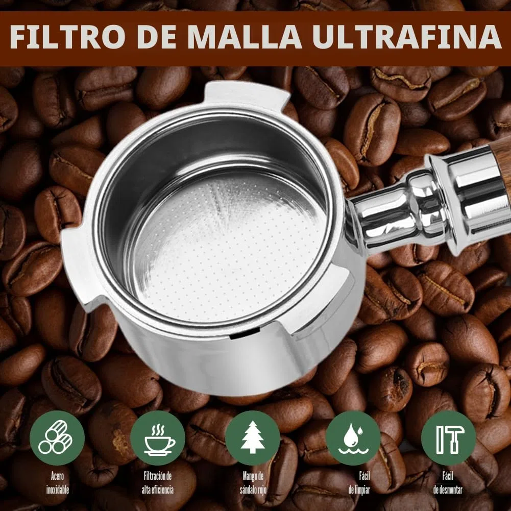 Portafiltro sin fondo 51mm para DeLonghi Dedica EC680/EC685/EC885 con 3 orejas y asa de madera | Filtro de acero inoxidable de 0,3mm de poro | Compatible con EC785/EC820/EC850/EC860, construcción