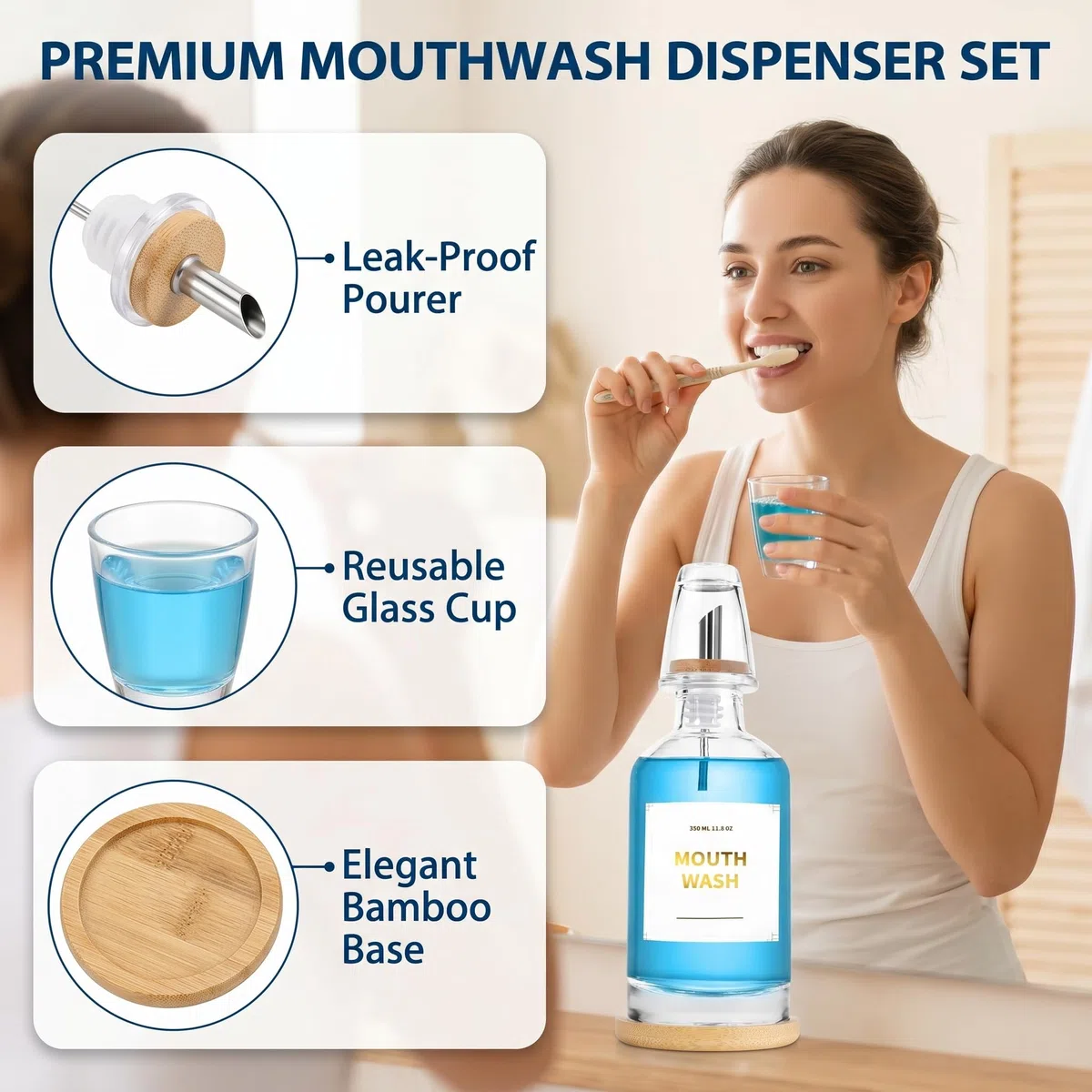 Dispensador de Enjuague Bucal de Vidrio para Baño, 350ml con Vaso, Embudo de Acero y Bandeja de Bambú, Alternativa a Dispensador Jabon Automatico
