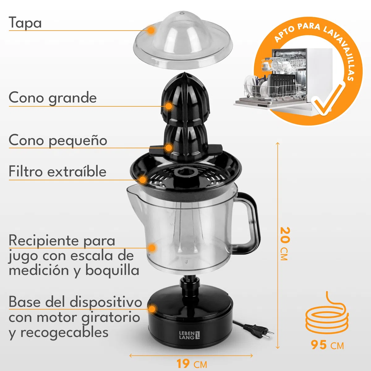 LEBENLANG Exprimidor de naranjas electrico - 2 conos & sin BPA I Alto rendimiento de zumo I 700 ml esprimidores citrinos eléctrico I Esprimidoras zumos pequeño Orange juicer machine