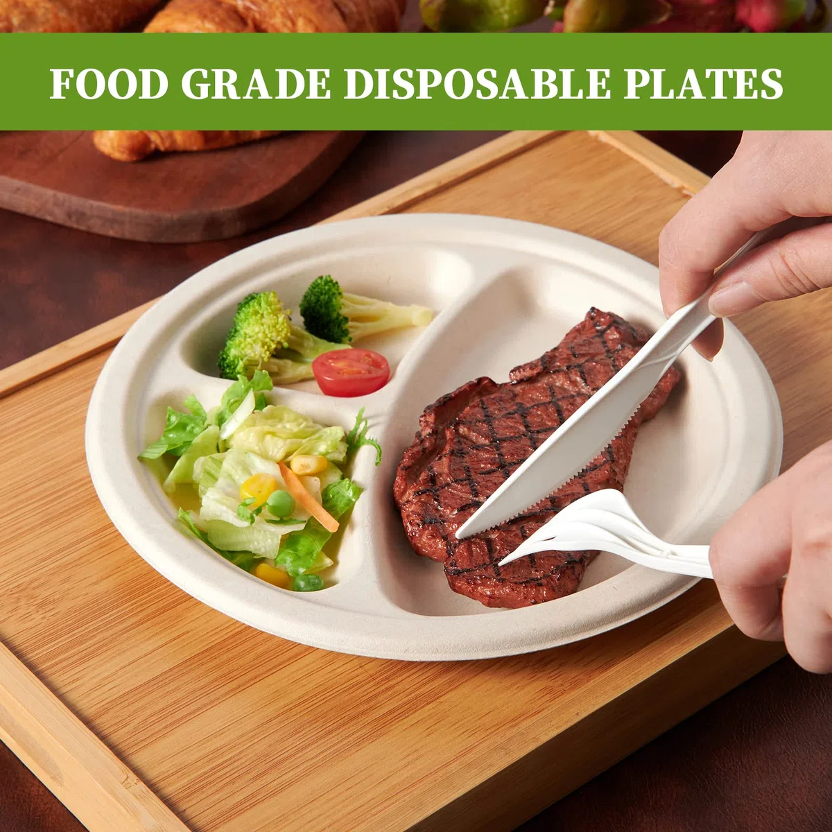 ECOLipak Paquete de 125 platos desechables de 3 compartimentos, platos de papel compostables de 10 pulgadas, platos de papel biodegradables resistentes hechos de fibras de caña de azúcar ecológicas