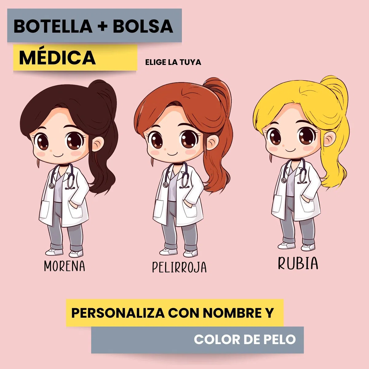 Pack Botella termica + Bolsa personalizada con ilustracion de medica, regalo para medicos ideal, elige el color de pelo y el nombre. (Pack botella + bolsa médica personalizada MORENA)
