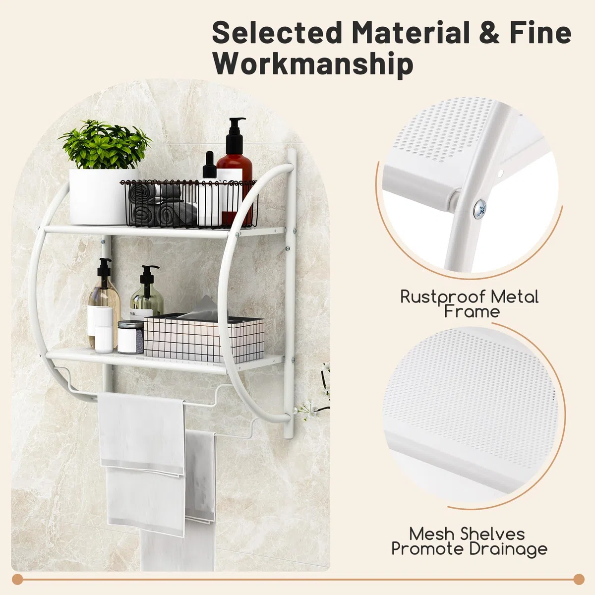 LIFEZEAL Estante Toallero de Pared, 2 Estantes y 2 Barras de Hierro Cromado, Multifuncional, 45 x 25,5 x 55 Cm, Capacidad 14 Kg (Blanco)