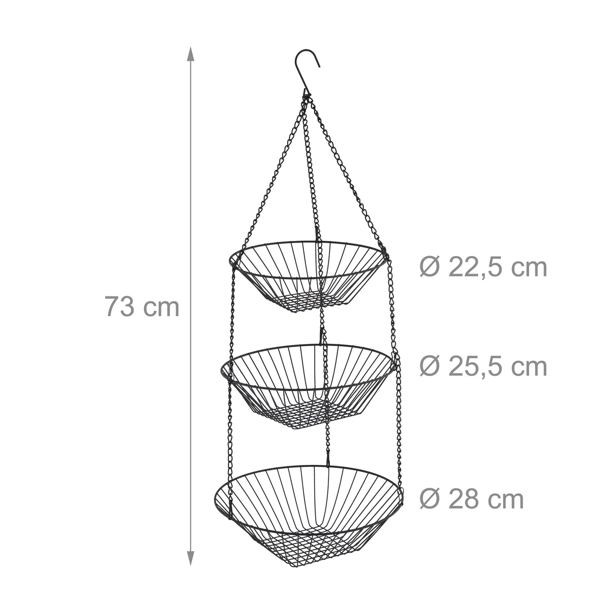 Relaxdays Frutero Colgante, 73x28 cm, 3 Niveles, Acero, Cesta Redonda para Fruta y Verdura, Almacenamiento Cocina, Negro