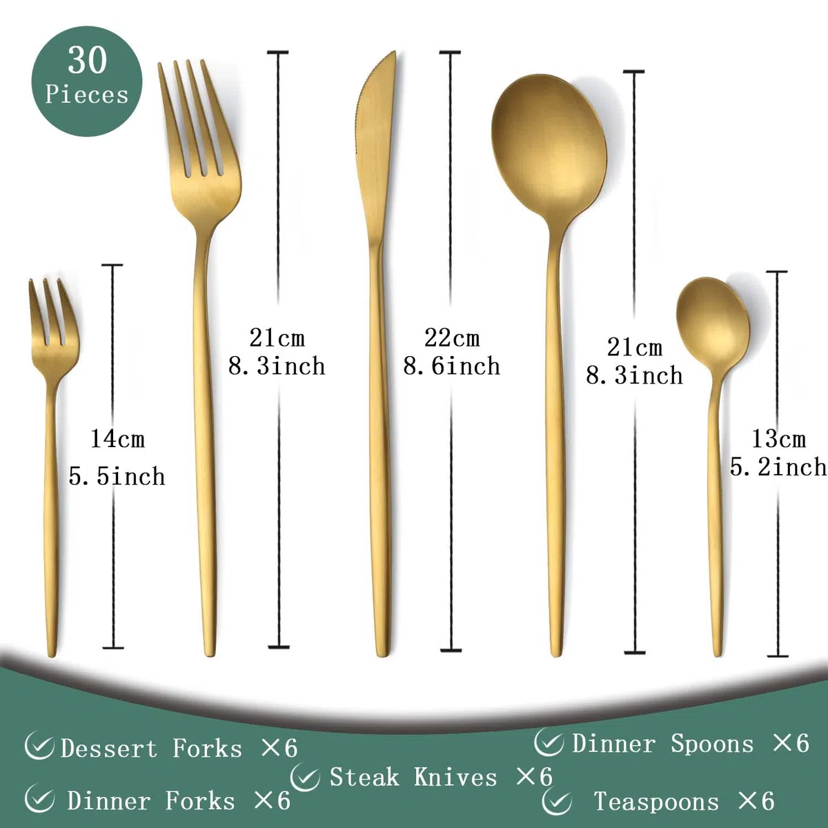 Juego de cubiertos, Pleafind 30 piezas cuberteria acero inoxidable para 6 personas, set cubiertos, cuberteria dorada, cubiertos con cuchillo, tenedor, cuchara, apto para lavavajillas