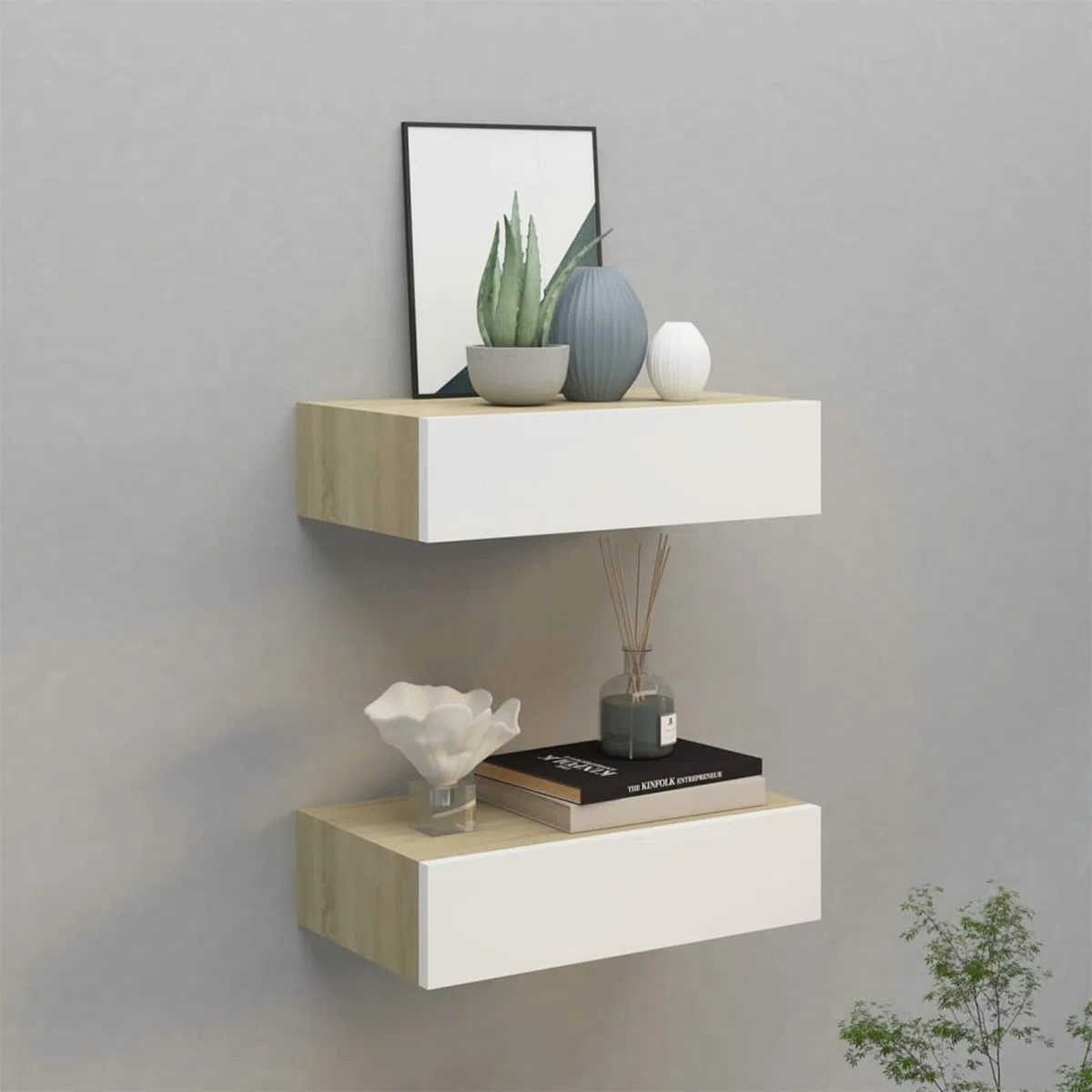 Gecheer 2 uds Estantes de Pared con cajón,Estanteria Pared,Baldas flotantes,Mesilla de Noche,Estantes de Pared, Armario Suspendido,Estanteria para Trasteros, MDF Roble y Blanco 40x23,5x10cm