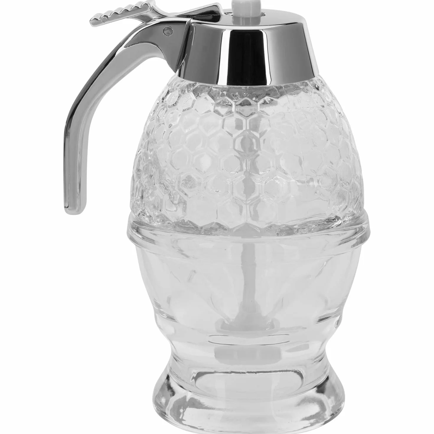 Westmark Dispensador de miel/sirope con soporte, Capacidad: 200 ml, Diseño de panal, Vidrio/plástico, de lujo, Transparente/plateado, 65132260