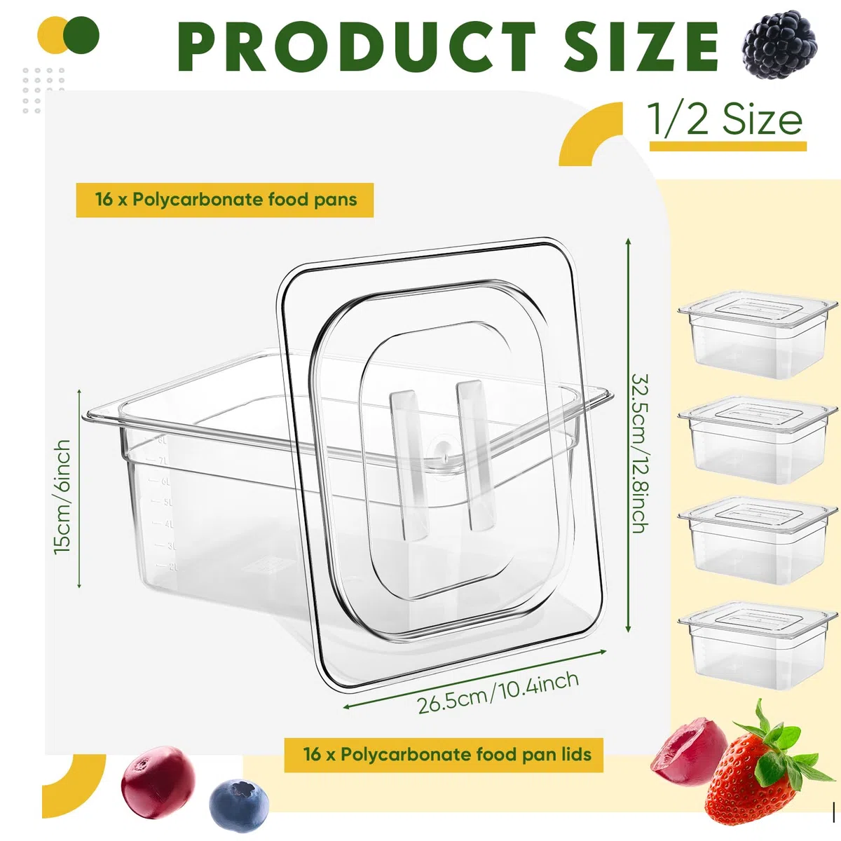 Didaey 16 sartenes transparentes de policarbonato con tapa, apilables a granel, bandeja de almacenamiento comercial, contenedor de almacenamiento de alimentos acrílico, sartén de plástico de hotel
