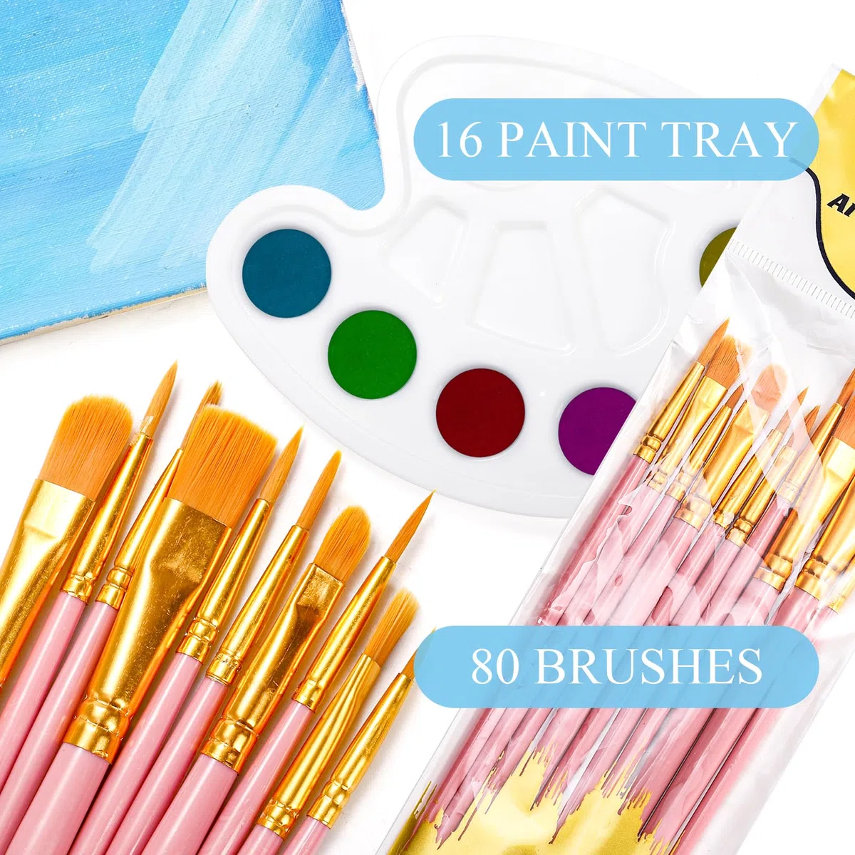 Cedilis Juego de 96 paletas de pinceles de pintura, 80 pinceles y 16 bandejas de paleta de pintura para óleo, acuarela, pintura acrílica, niños, estudiantes, cabezal de cepillo de nailon