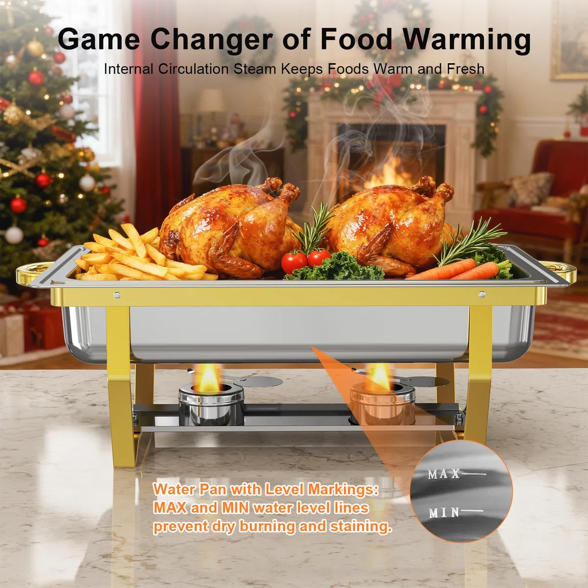 Juego de 2 platos de frotamiento para buffet, juego de platos de alta calidad, calentadores de alimentos [instalación sin tornillos] con diseño apilable para bufés de bodas, hogar, Navidad, 2 sartenes