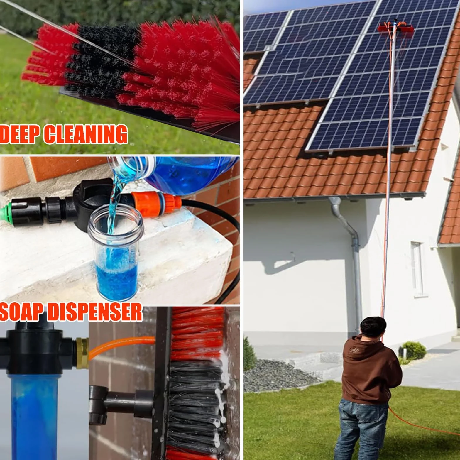 Cepillo Telescópico Limpieza 3-20M, Aluminio Pértiga de Limpieza con Conexión de Agua, Dosificador de Jabón y Manguera Universal para Placas Solares, Tejados y Terrazas (55cm Cepillo,4m)