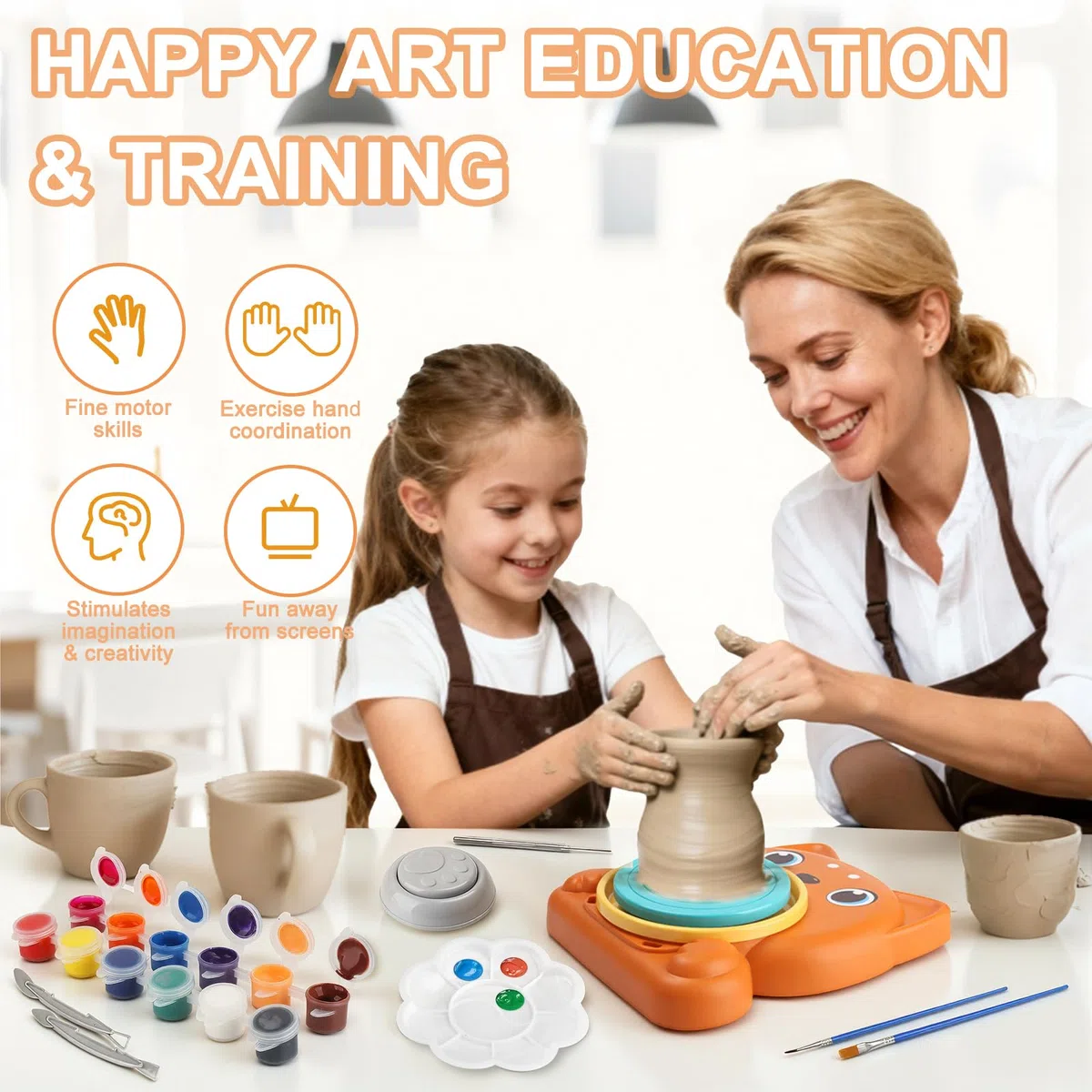 Set De Cerámica para Niños,Set de Cerámica para El Hogar,Mini Torno de Alfarero Eléctrico con Arcilla,Colores,Set de Manualidades Creativas en Cerámicas para Niños a Partir de 6 Años - Naranja