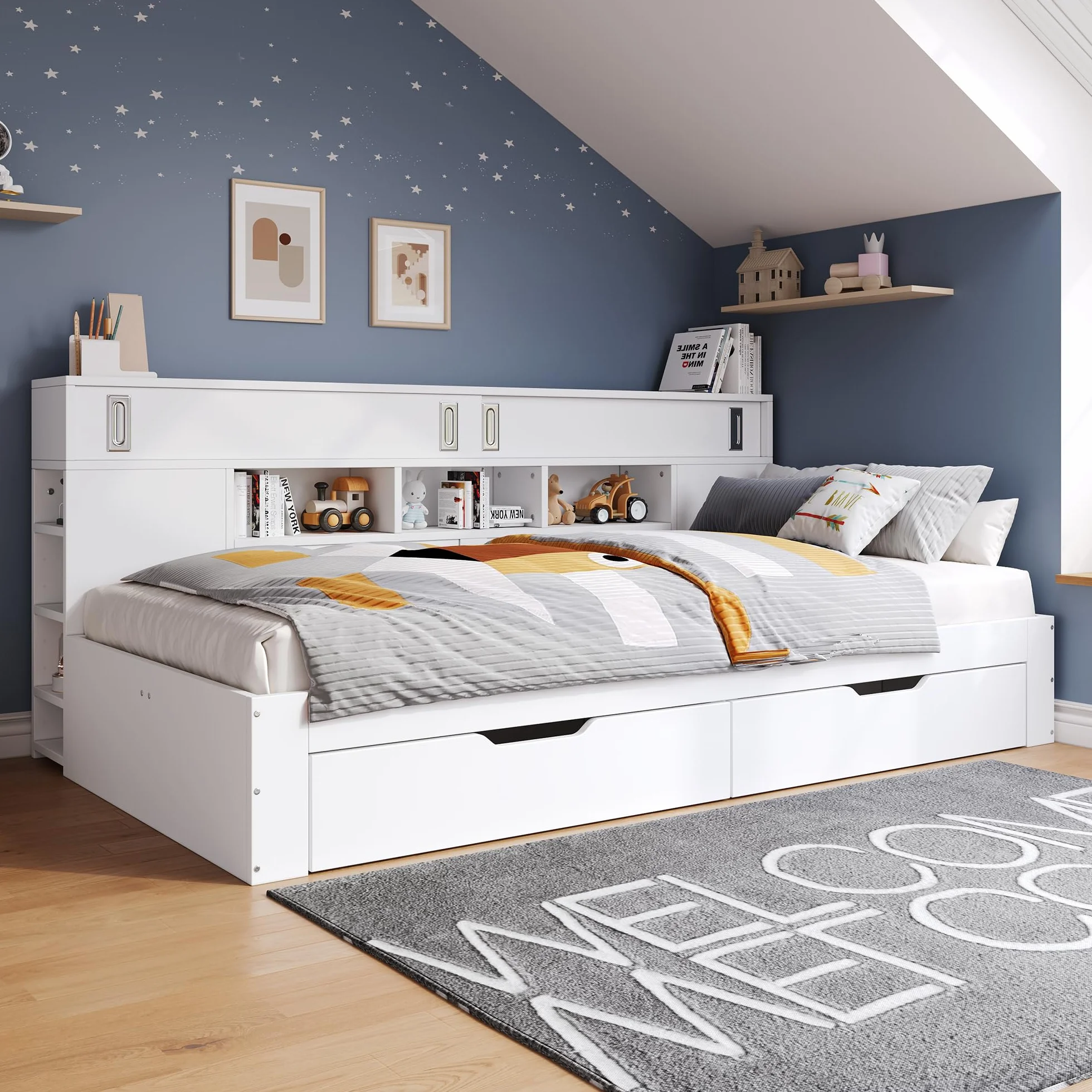 Zepneiy - Cama de 140 x 190 con cajones y estante, cama doble 140 x 190 con armario de almacenamiento, caja fuerte con espacio de almacenamiento, marco blanco (sin colchón)