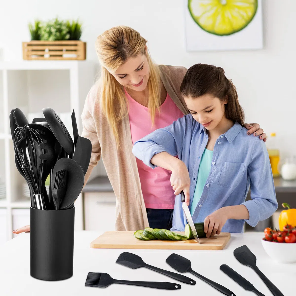 Utensilios Cocina de Silicona Antiadherente, 49 Piezas, Resistente al Calor, sin BPA, 5 Cucharas Medidoras y 20 Ganchos (Negro)