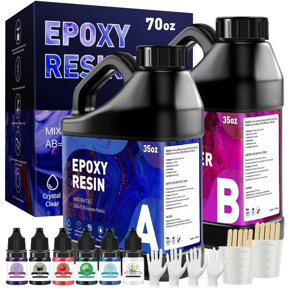 GRLELOU Kit de resina epoxi transparente de 70 onzas, revestimiento autonivelante y resina de fundición para manualidades, fabricación de joyas, moldes de resina, resina artística, no amarillea y sin