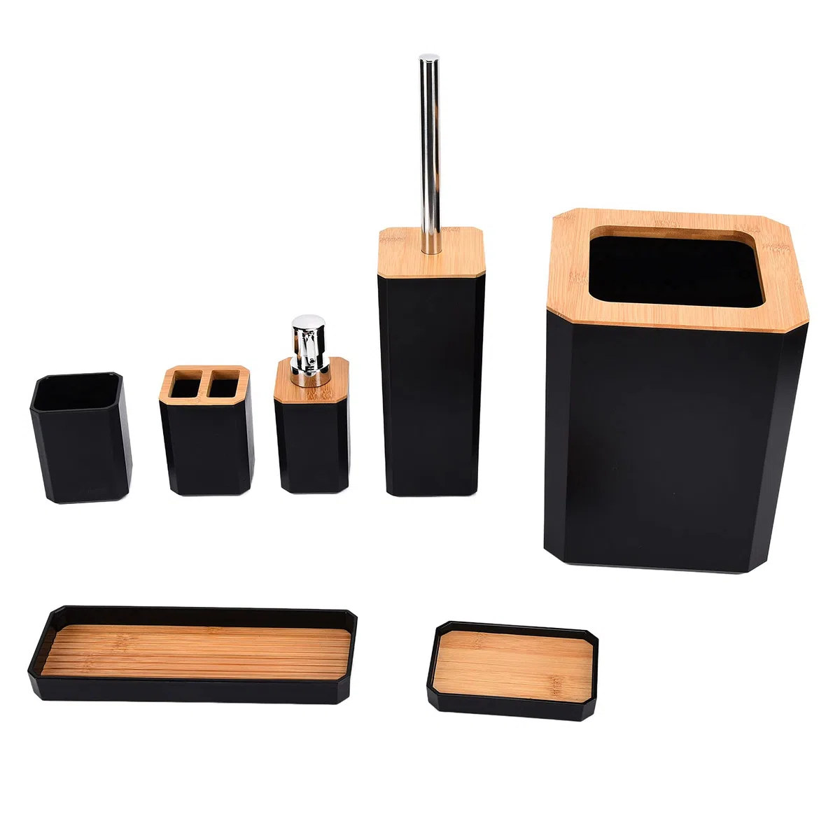 Aramox Juego de Accesorios de Baño de bambú Juego de Baño de 7 Piezas con Caja de ABS Soporte para Cepillo de Dientes Escobilla de Papelera y Bandeja para el del Hotel en Casa (Black)