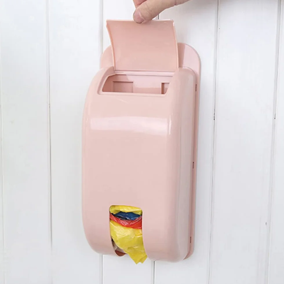 Soporte para bolsa de transporte, autoadhesivo para montaje en pared, dispensador de bolsa, soporte para cubo de basura, dispensador de bolsas de basura para cocina, hogar, baño (verde + rosa)